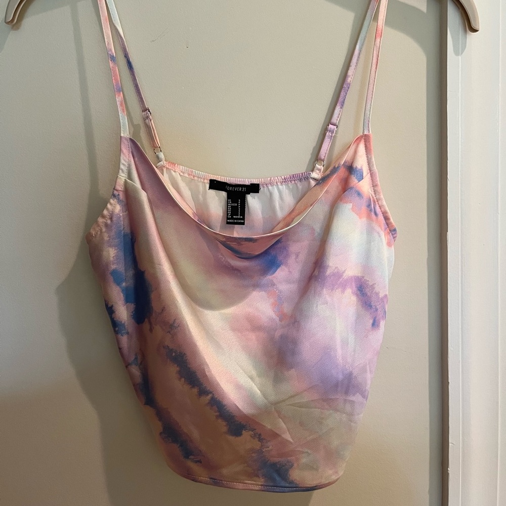 Cowl-neck, semi-cropped tie-dye tank top